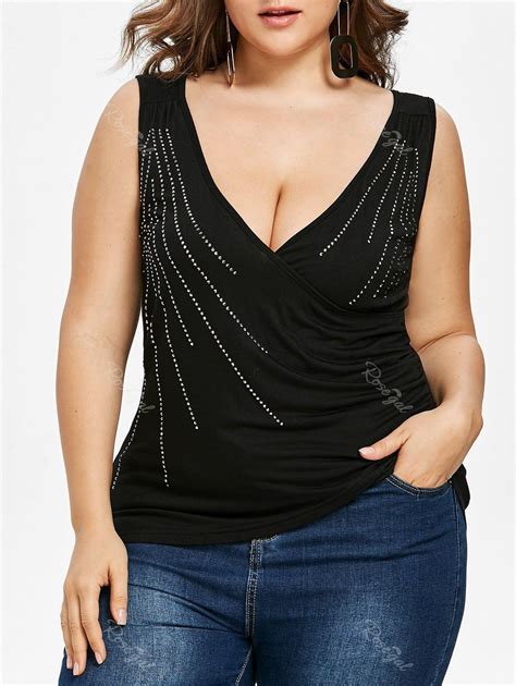 [40% OFF] Plus Size Rhinestone Embellished Low Cut Tank Top | Rosegal