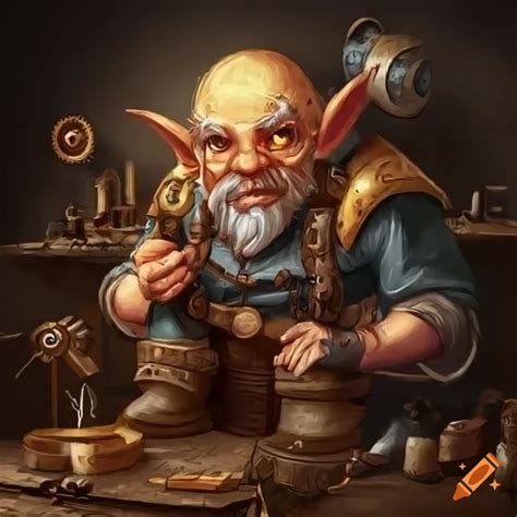 Fantasy art style, a gnome artificer works in a steampunk workshop