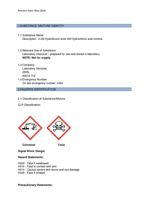 0.2M Hydrofluoric acid/ 4M Hydrochloric acid mixture MSDS Download