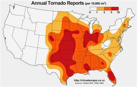 Average Annual Tornado Reports (per 10000 mi2) - Vivid Maps