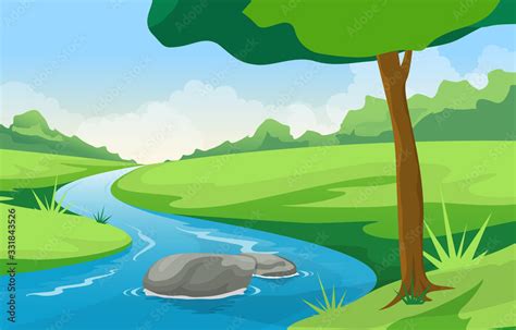 Winding River Mountain Forest Beautiful Rural Nature Landscape Illustration Stock Vector | Adobe ...