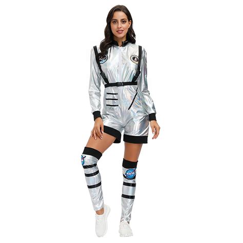 Fashion Women Silver Space Suit Adult Astronaut Jumpsuit Cosplay Costume N20594