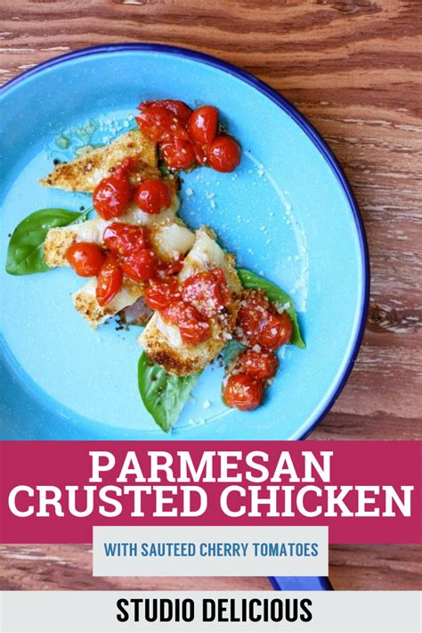 Parmesan Crusted Chicken with Sauteed Cherry Tomatoes is a great any night of the week. This ...