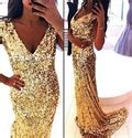 Glitter Gold Sequin Cross Over Open Back V Neck Long Prom Dress ...
