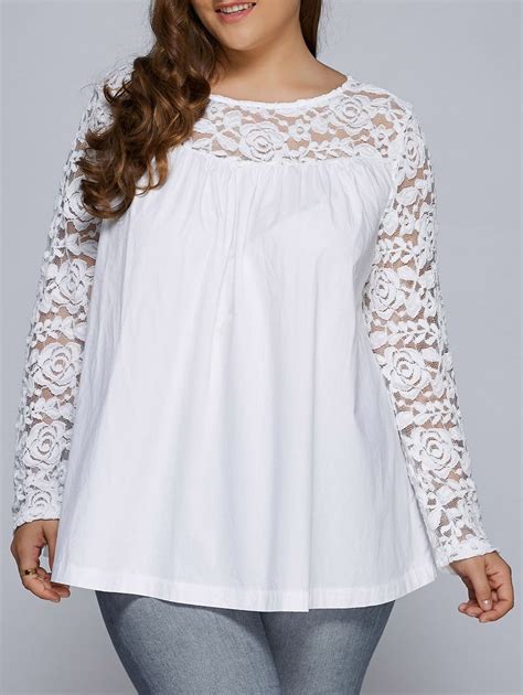 Plus Size Lace Splicing Long Sleeve Blouse | Long sleeve blouse, Denim ...