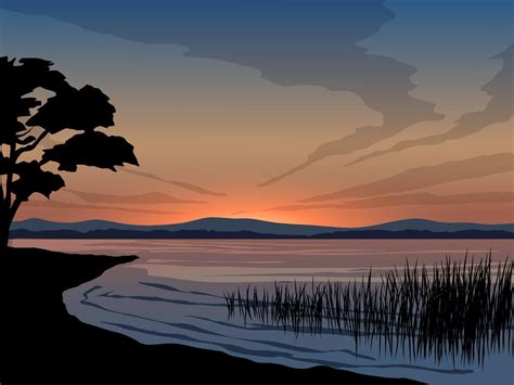 Tranquil Lake Sunset with Tree Silhouette 2042896 Vector Art at Vecteezy