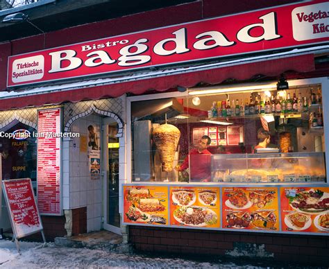 Exterior of typical Turkish kebab restaurant in multi ethnic Kreuzberg district of Berlin ...