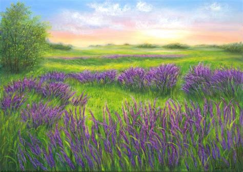 Sunset at lavender field Painting by Ludmilla Ukrow | Saatchi Art