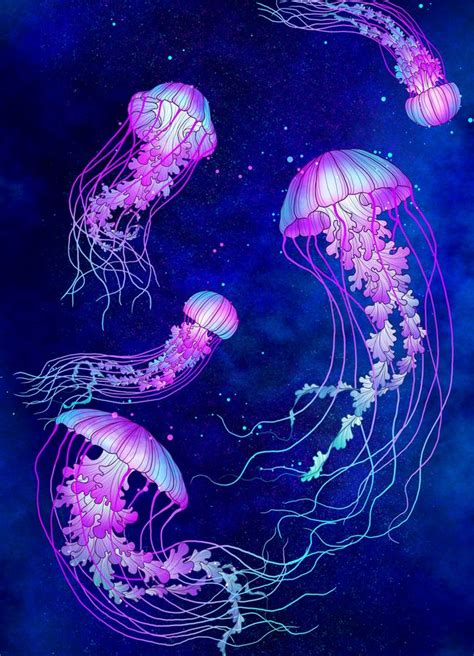 purple jellyfish floating in the ocean at night