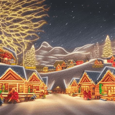 Snowy Mountain Village at Night with Christmas Lights · Creative Fabrica