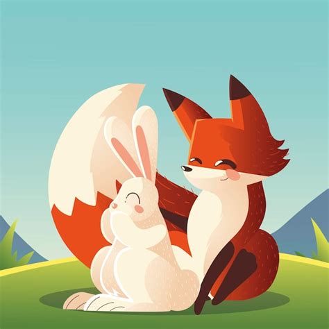 Premium Vector | Rabbit and fox sitting in the grass cartoon animals ...