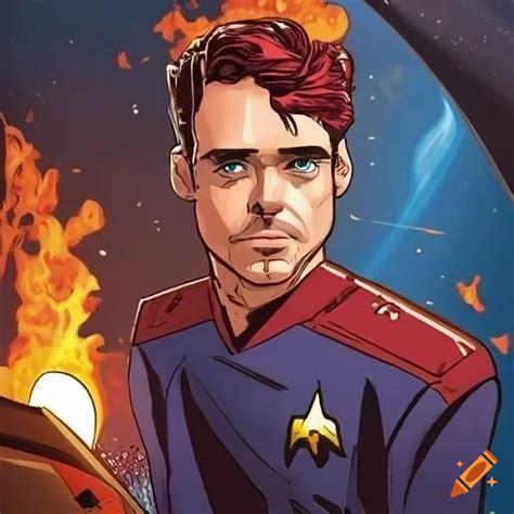 Comic book-style art of richard madden as star trek captain on burning ...