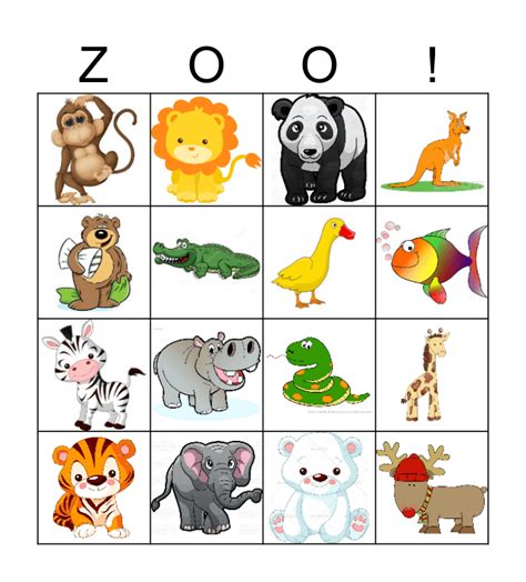 Zoo Animals Bingo Card