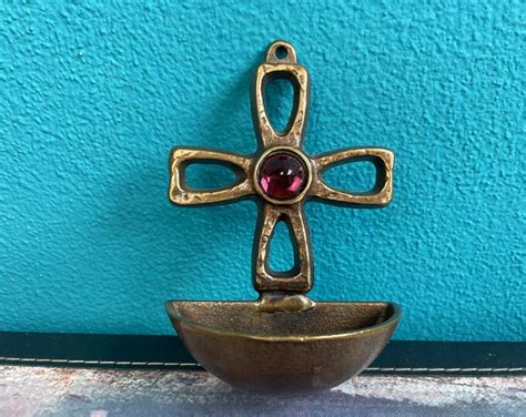 Vintage Brass Cross Holy Water Font Bronze Crucifix Hanging or Table ...