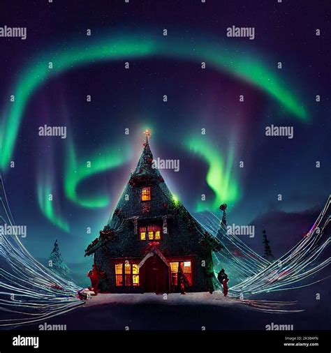 Santa's house at the North Pole in the Arctic circle Northern Lights in the sky. Pine ttrees ...