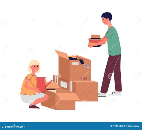 Man and Woman Packing Boxes for House Moving Flat Vector Illustration ...