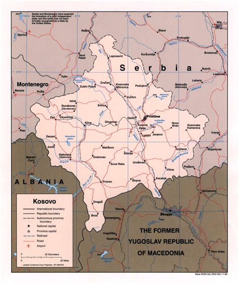 Detailed political map of Kosovo with roads, railroads, major cities ...