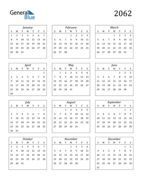 2062 Calendar (PDF, Word, Excel)