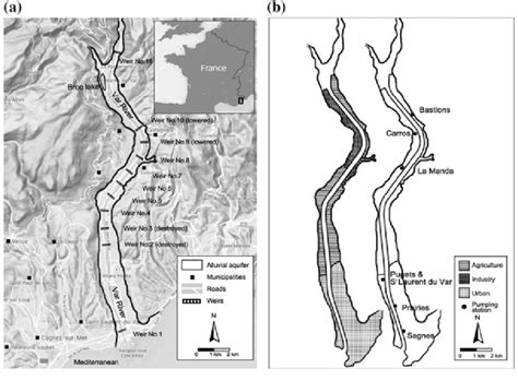 a The low Var valley; b simplified land use map and pumping stations of... | Download Scientific ...