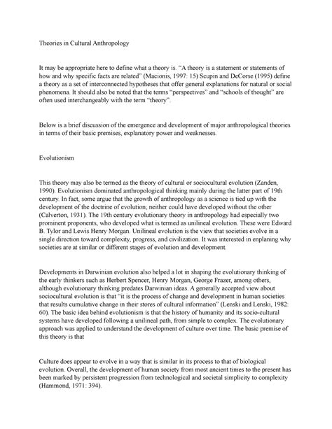 CA 3 - These are lecture notes for cultural anthropology. - Theories in ...