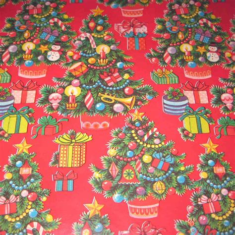 Vintage Red Christmas Wrapping Paper or Gift Wrap with Trees