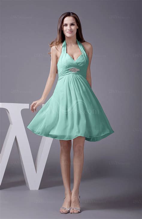 Mint Green Elegant Halter Sleeveless Zip up Knee Length Flower Prom ...