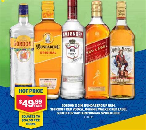 Gordon's Gin, Bundaberg Up Rum, Smirnoff Red Vodka, Johnnie Walker Red Label Scotch Or Captain ...