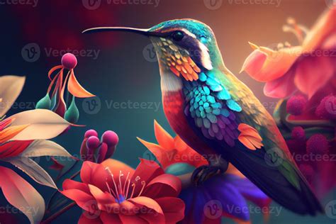 Colorful hummingbird on top of beautiful flowers. . Digital Art Illustration 22056197 Stock ...