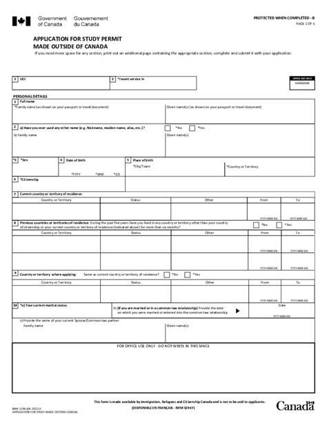 Canadian Student Visa Application Form - Printable Blank PDF Online