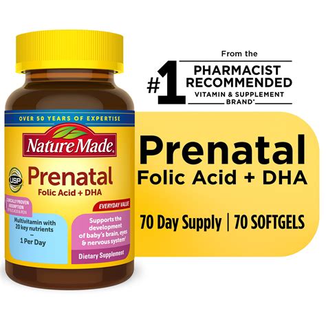 Nature Made Prenatal with Folic Acid + DHA Softgels, Prenatal Vitamin and Mineral Supplement, 70 ...