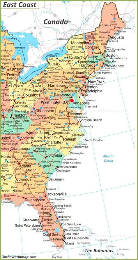 Map of East Coast of the United States - Ontheworldmap.com