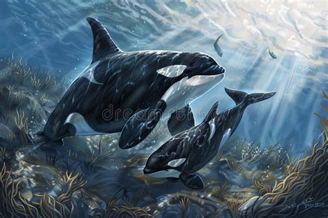 Mother Orca Teaches Her Calf Hunting Techniques in Sunlit Ocean Depths ...