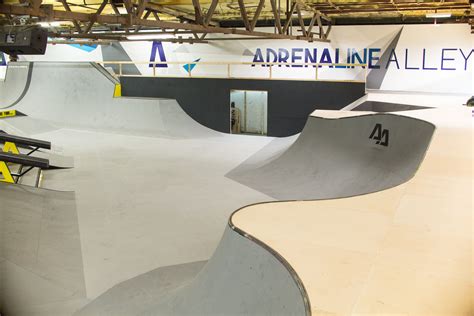 Building 1 at Corby's Adrenaline Alley skatepark.. This street themed plaza area has many lines ...
