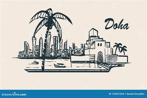 Doha Skyline,hand-drawn Sketch Vector Illustration.Museum of Islamic ...