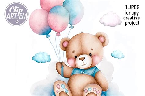 Pink Blue Bear with Balloons Jpg Image Graphic by clipArtem · Creative Fabrica