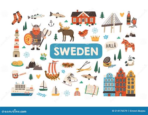 Set of Traditional Symbols of Sweden and Stockholm Isolated on White ...