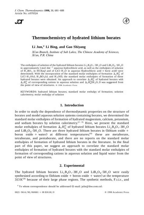 (PDF) Thermochemistry of hydrated lithium borates - DOKUMEN.TIPS