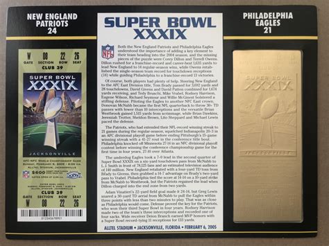 Super Bowl XXXIX Commemorative Score Card with 22kt Gold Ticket ...