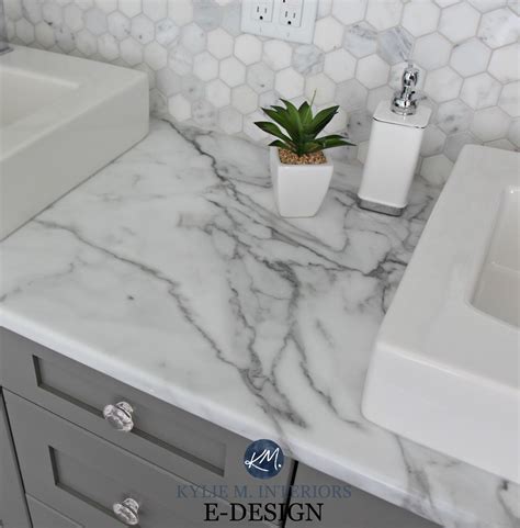 Budget friendly bathroom update ideas, formica calacatta marble laminate countertops, hexagon ...