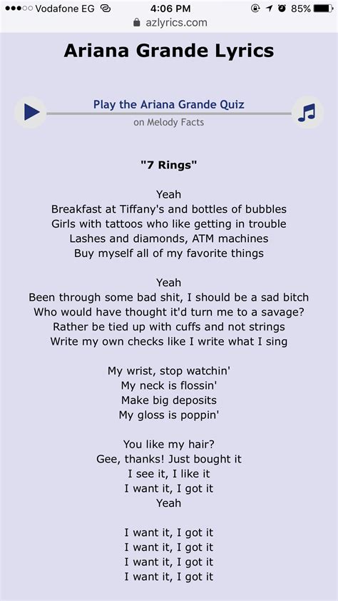 7 Rings (explicit language) - Ariana Grande Lyrics | Great song lyrics, Pretty lyrics, Pop lyrics