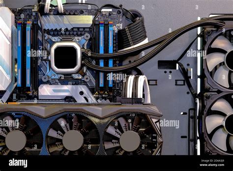 Close-up and inside Desktop PC Gaming and Water Cooling CPU, interior ...