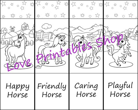 Printable Bookmarks for Coloring Happy Horses Kids, Parties, Family Fun, Book Lover, Digital DIY ...