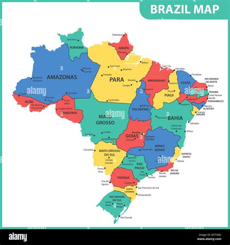 The detailed map of the Brazil with regions or states and cities ...