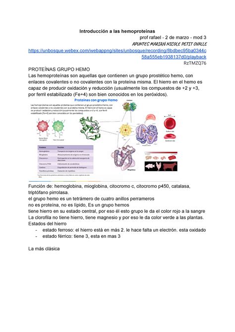 Introducción a las hemoproteínas (BioQuimica) - Introducción a las hemoproteínas prof rafael - 2 ...