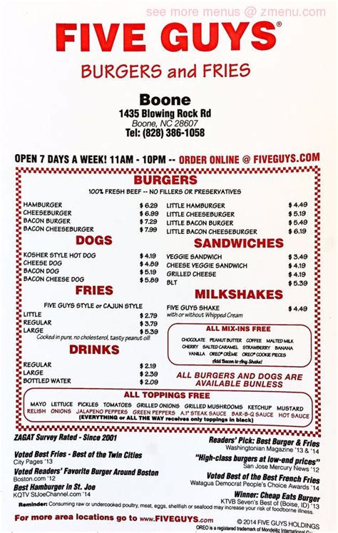 Menu at Five Guys fast food, Boone, Blowing Rock Rd