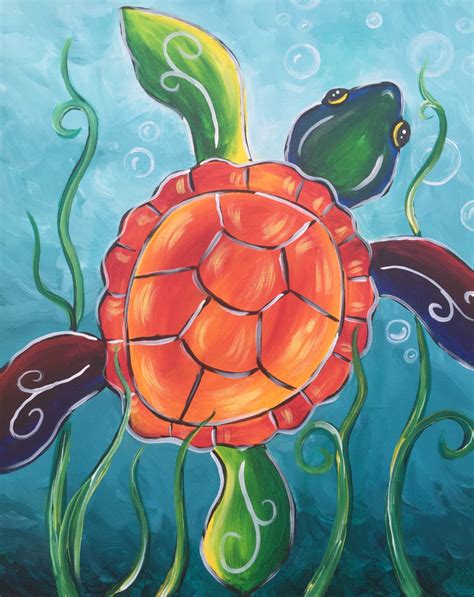 Psychedelic Sea Turtle beginner painting idea. So cute! Love the seaweed swirls and bubbles ...