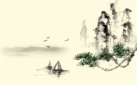 an ink painting of two boats on the water and birds flying in the sky above