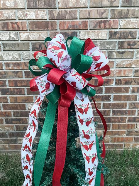 Christmas Tree Bow Topper Red Cardinal Burlap, Red, & Green Ribbon - Etsy