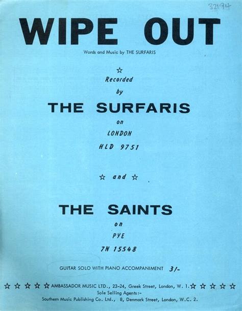 Wipe Out - Song arranged for the Guitar - Recorded by The Surfaris and The Saints only £16.00