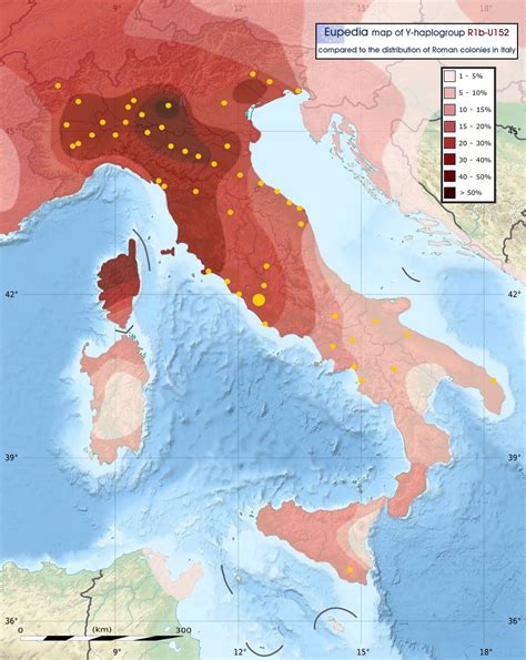 Map of Male lineage Frequency in Italy of the Y-DNA haplogroup R1b-U152 ...